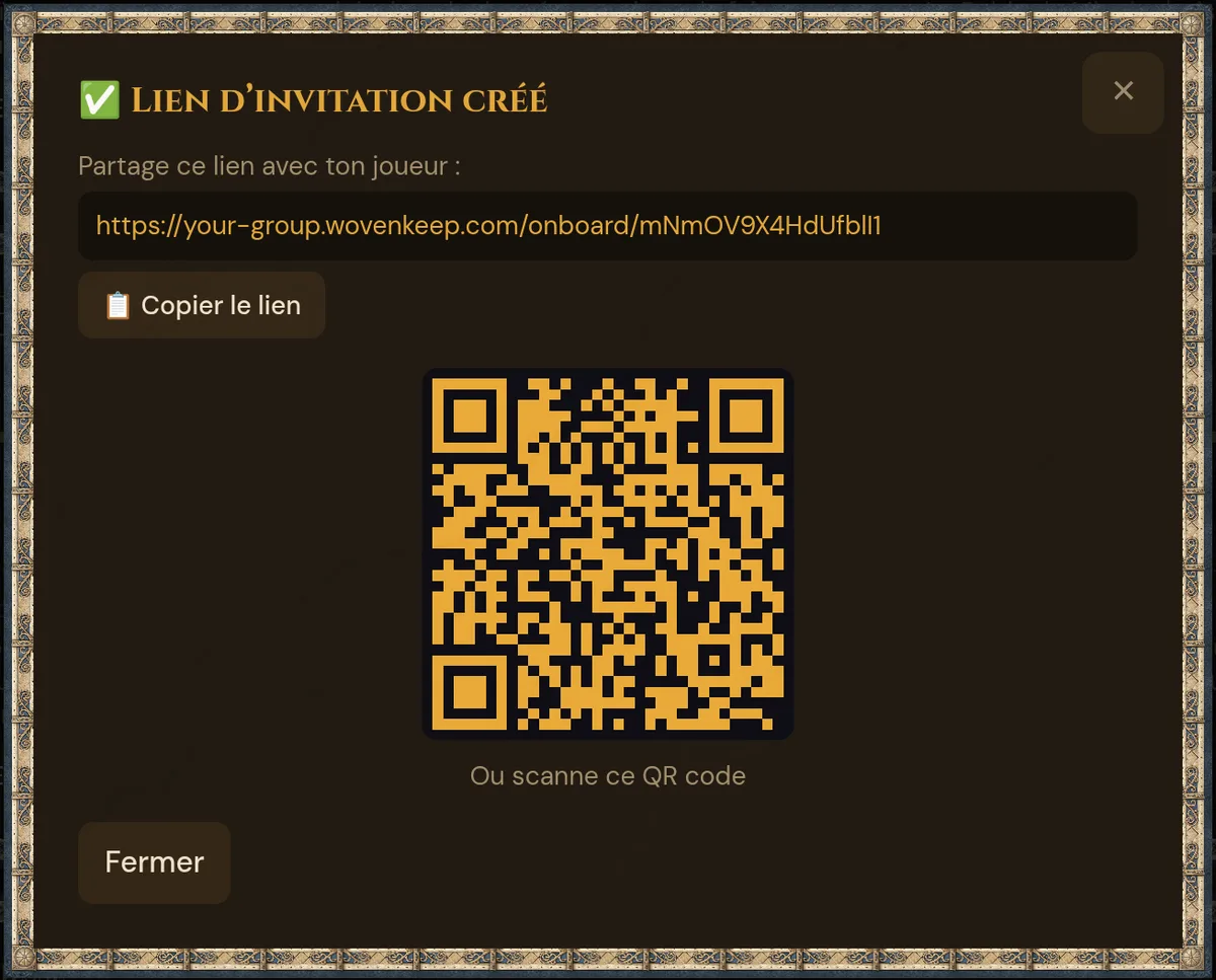 Lien d’invitation créé : le lien, Copier le lien et le QR code