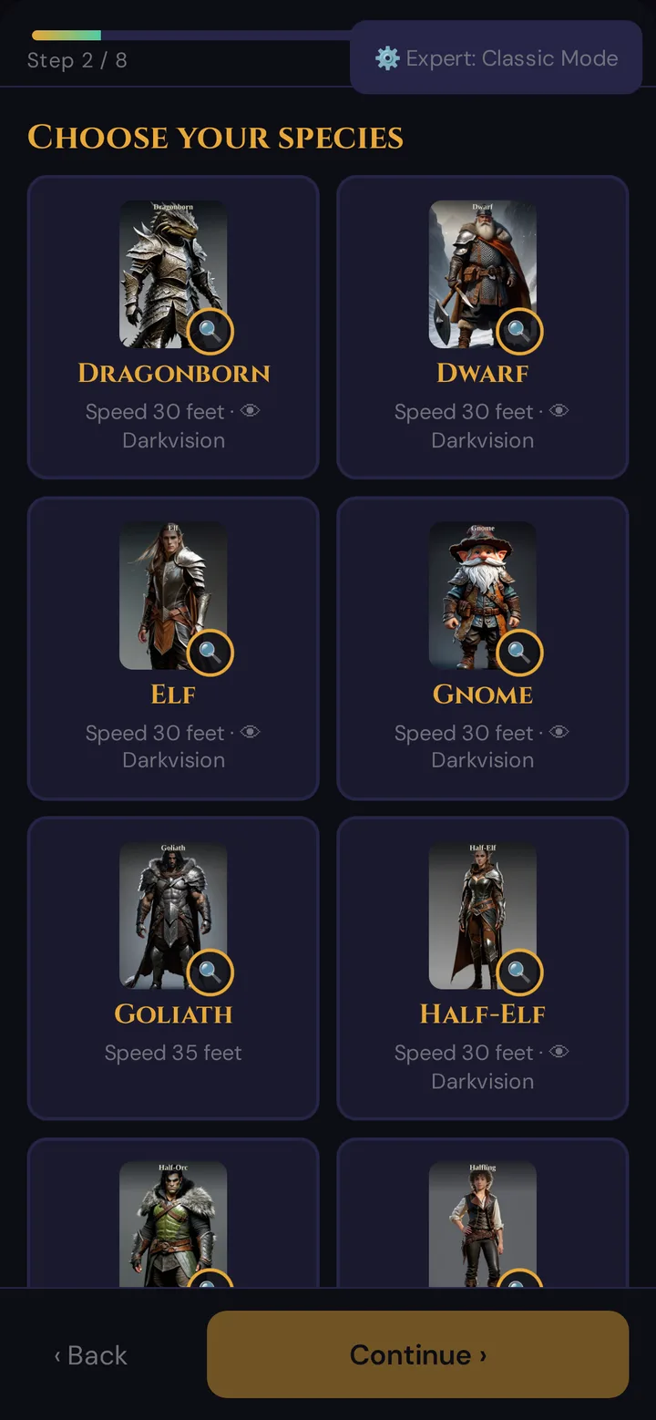 Guided wizard on the phone: Choose your species, each card with speed and darkvision