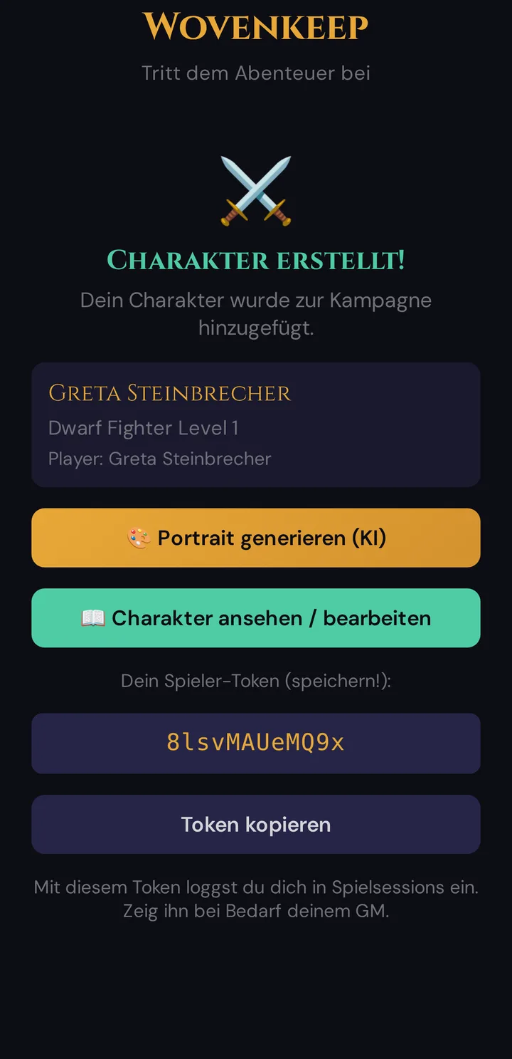 Charakter erstellt! mit Zusammenfassung, Portrait generieren (KI), Charakter ansehen / bearbeiten und dem Spieler-Token
