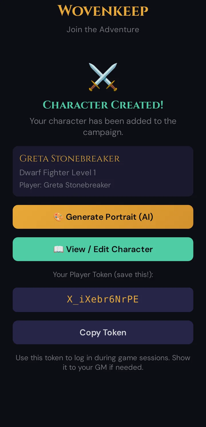 Character Created! with the summary, Generate Portrait (AI), View / Edit Character and the Player Token