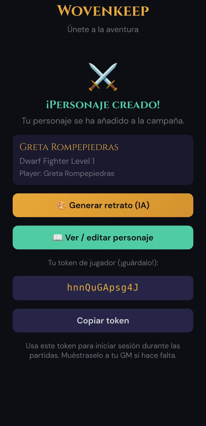 ¡Personaje creado! con el resumen, Generar retrato (IA), Ver / editar personaje y el token de jugador