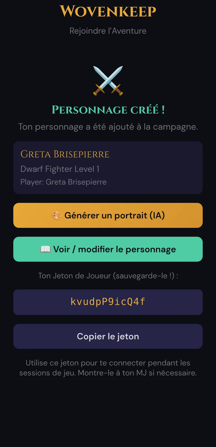 Personnage créé ! avec le récapitulatif, Générer un portrait (IA), Voir / modifier le personnage et le jeton de joueur
