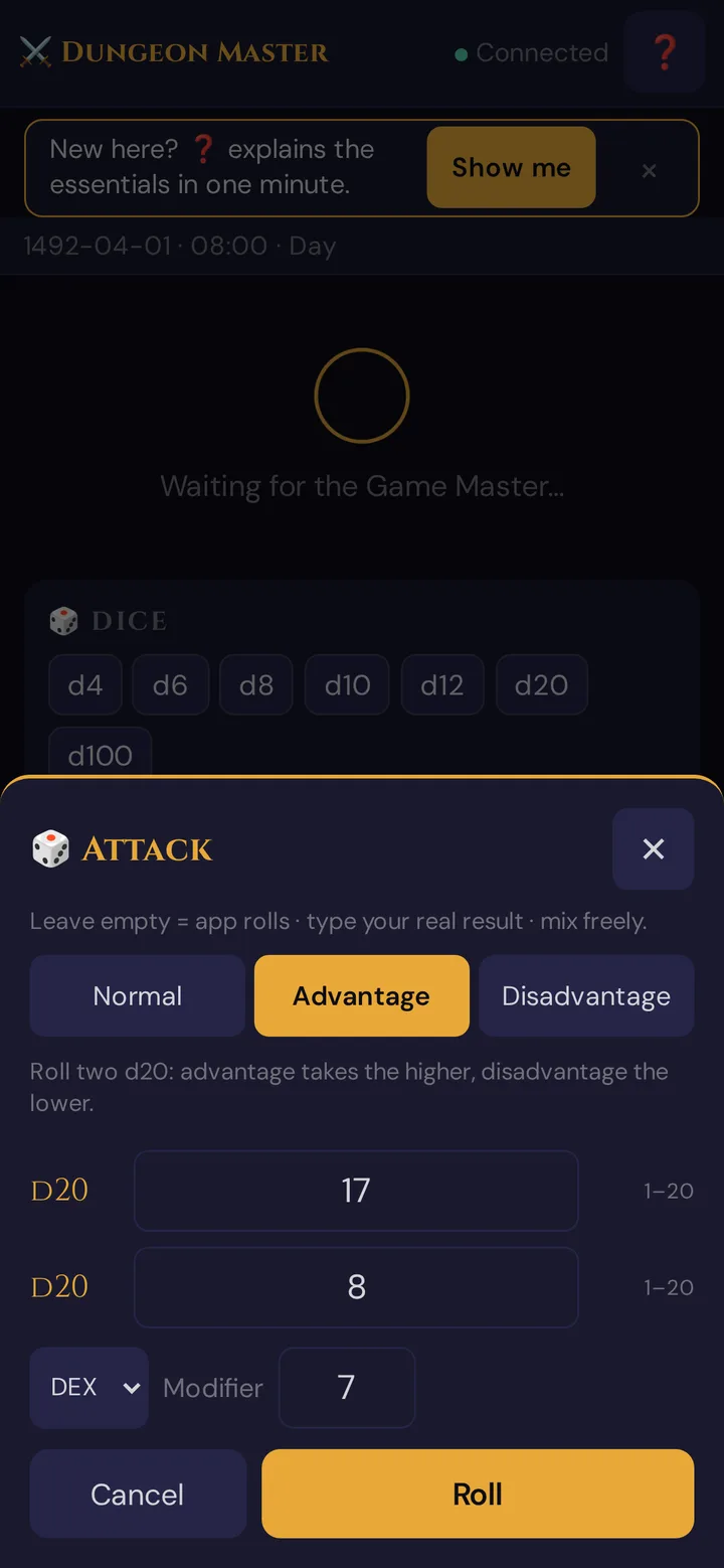 Attack roll with advantage: two real d20 results entered