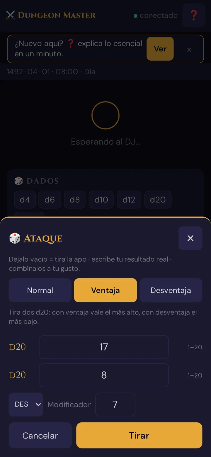 Tirada de ataque con ventaja: dos resultados de d20 reales introducidos