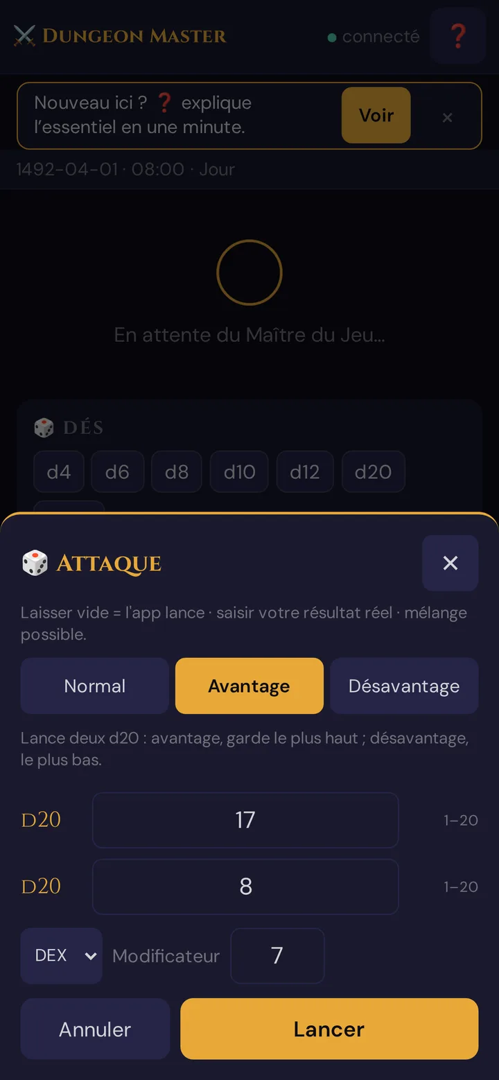 Jet d'attaque avec avantage : deux résultats de d20 réels saisis