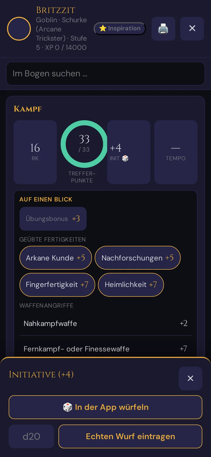 Schnellwurf aus dem Charakterbogen: in der App würfeln oder einen echten W20 eintragen