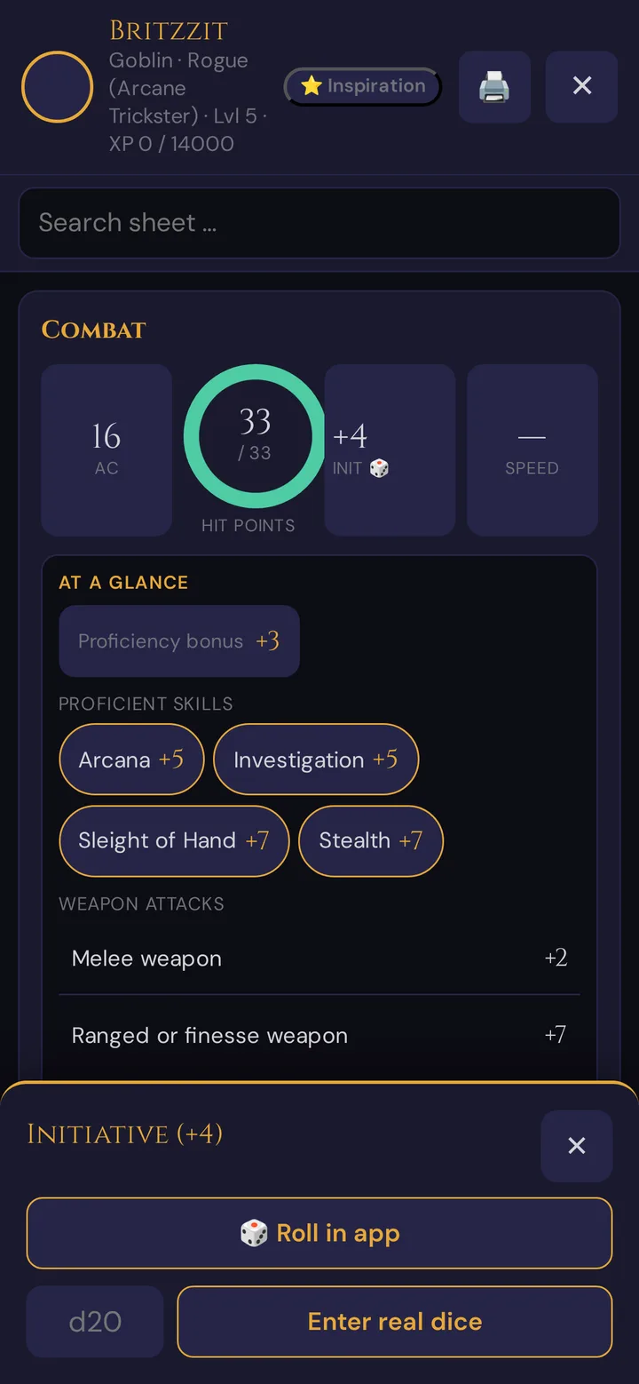 Quick roll from the character sheet: roll in the app or enter a real d20