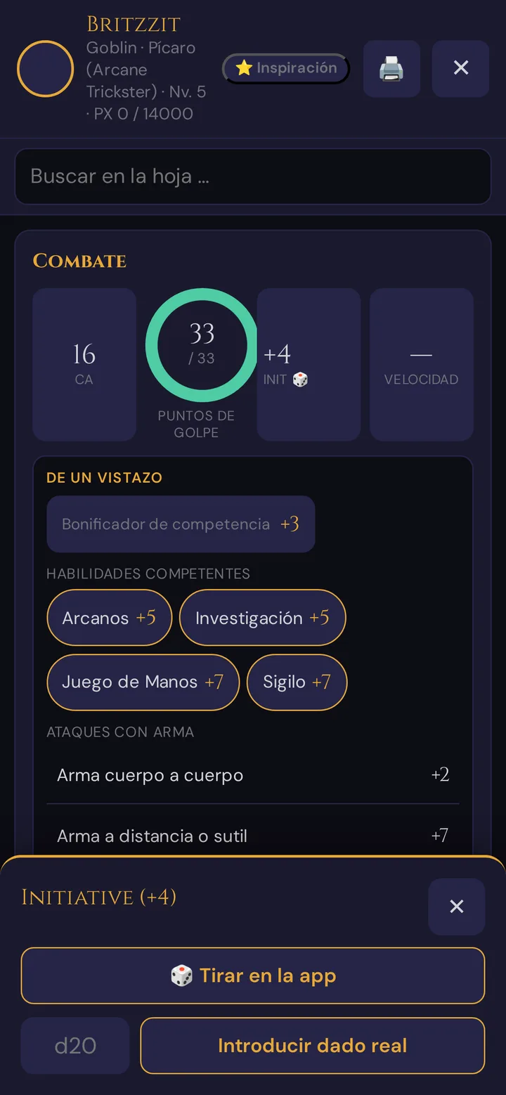 Tirada rápida desde la hoja de personaje: tirar en la app o introducir un d20 real