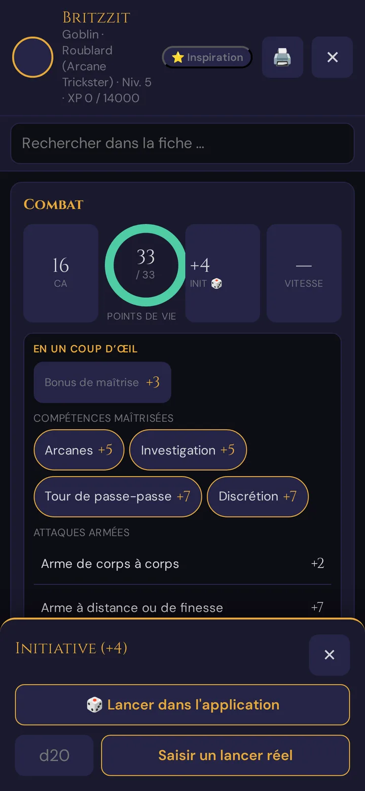 Lancer rapide depuis la feuille de personnage : lancer dans l'application ou saisir un vrai d20