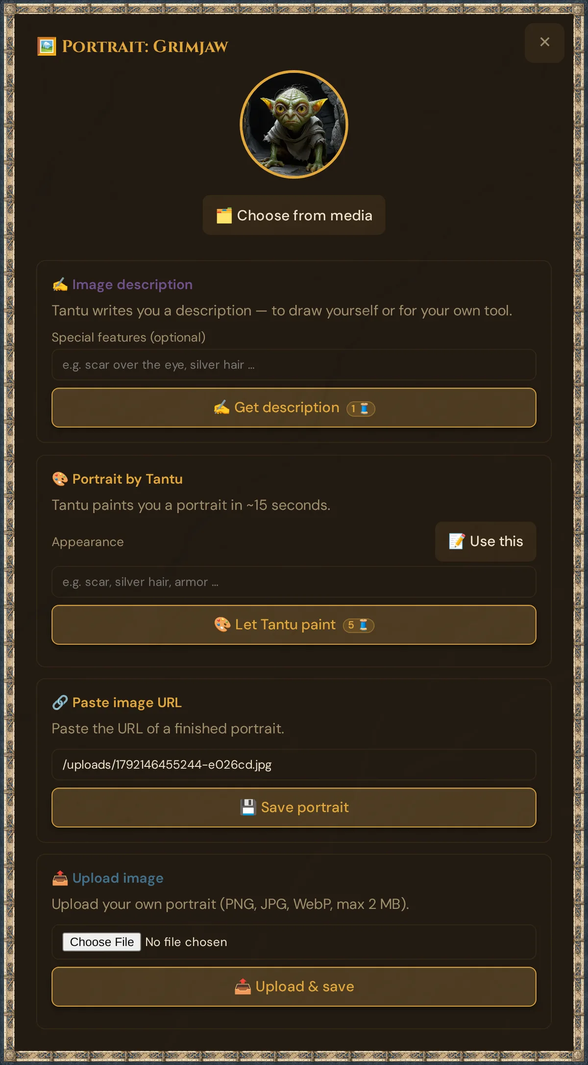 Grimjaw's portrait window: the current portrait with 🗂️ Choose from media below it, then the boxes Image description (Get description, 1 🧵), Portrait by Tantu (Use this, Let Tantu paint, 5 🧵), Paste image URL with the address of the chosen picture and Save portrait, and Upload image with Upload & save