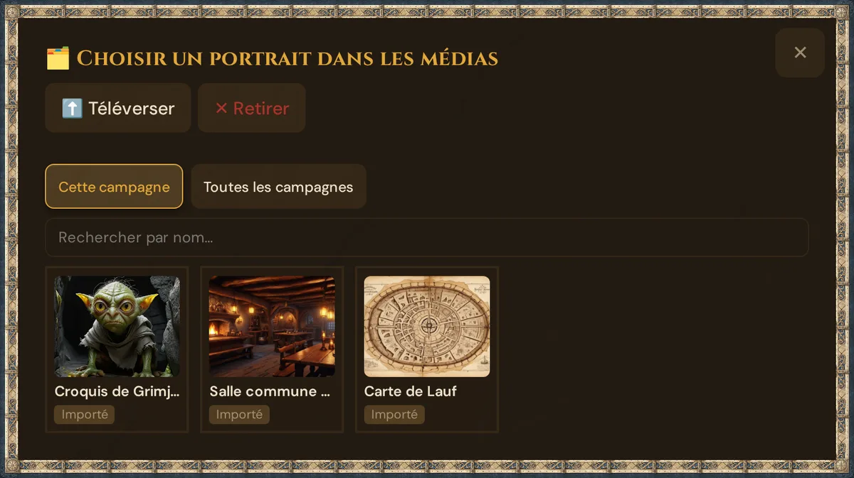 Choisir un portrait dans les médias : Téléverser et Retirer, Cette campagne et Toutes les campagnes, Rechercher par nom… et les vignettes de la campagne — d'abord le portrait importé Croquis de Grimjaw, puis les images importées