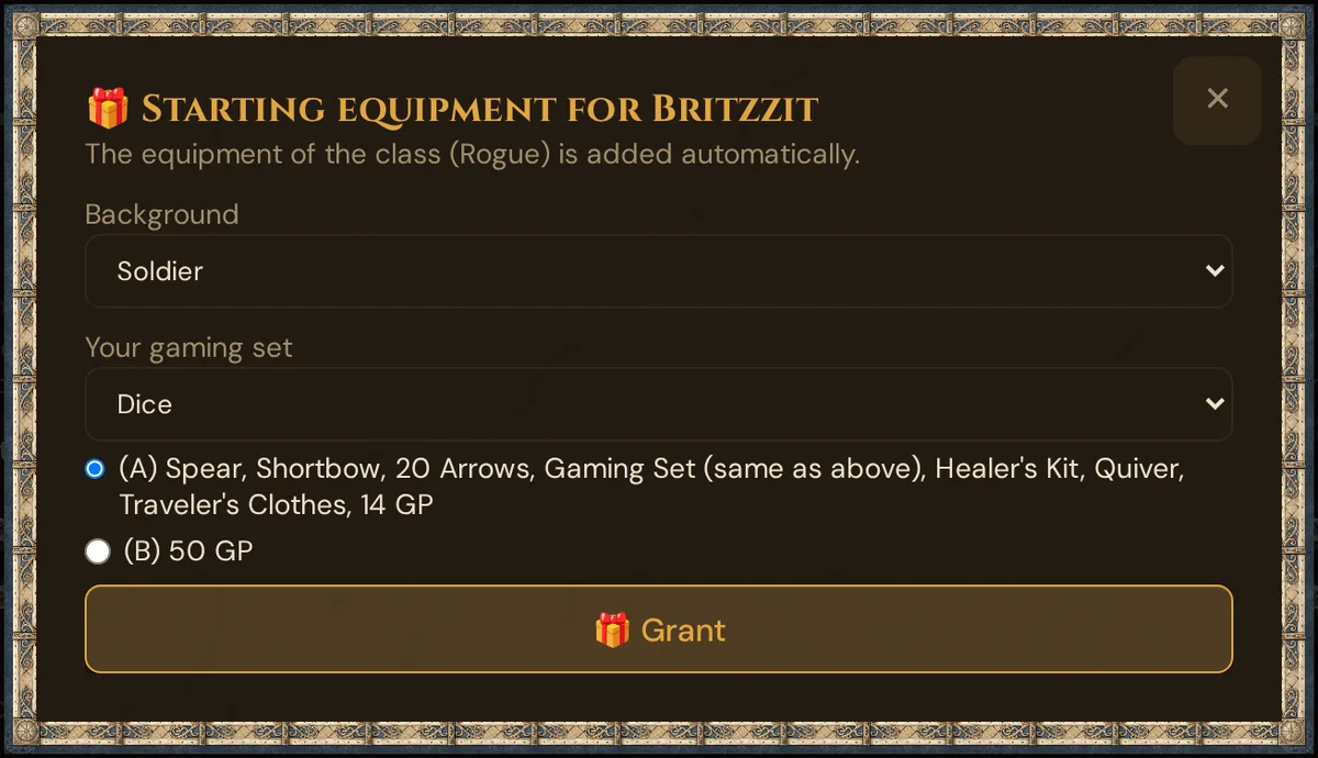The Starting equipment for Britzzit dialog: background Soldier, gaming set Dice, package (A) or (B) 50 GP, and Grant