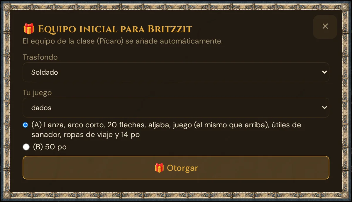 La ventana Equipo inicial para Britzzit: trasfondo Soldado, juego Dados, paquete (A) o (B) 50 po, y Otorgar