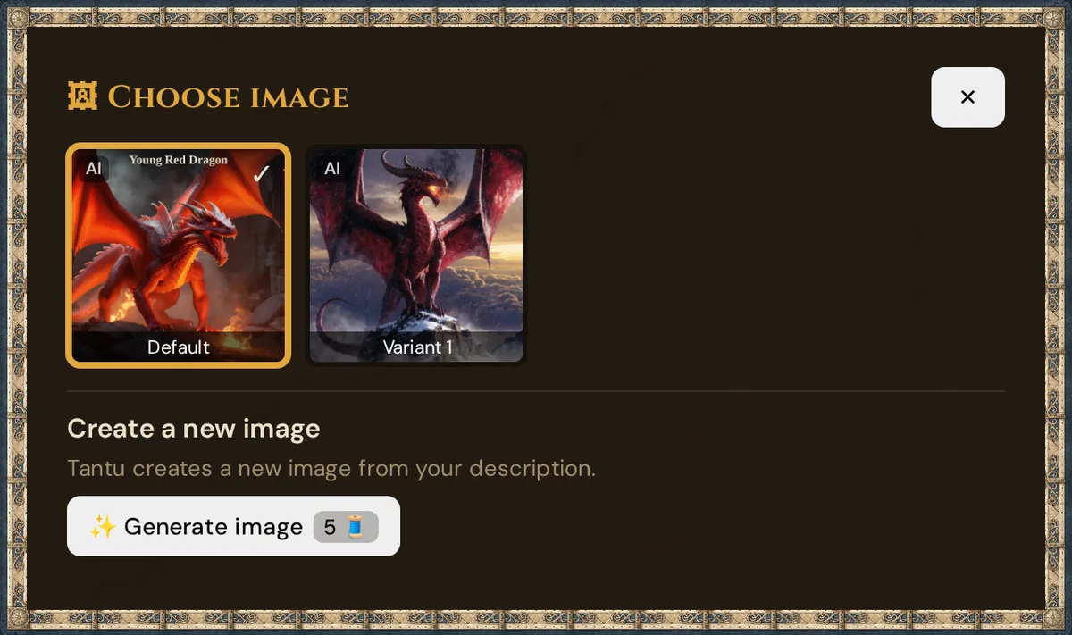 The Choose image window with the default picture, a variant and Create a new image