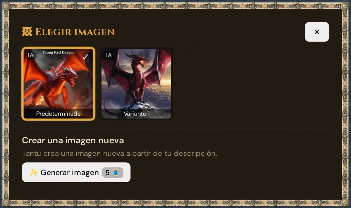 La ventana Elegir imagen con la imagen predeterminada, una variante y Crear una imagen nueva