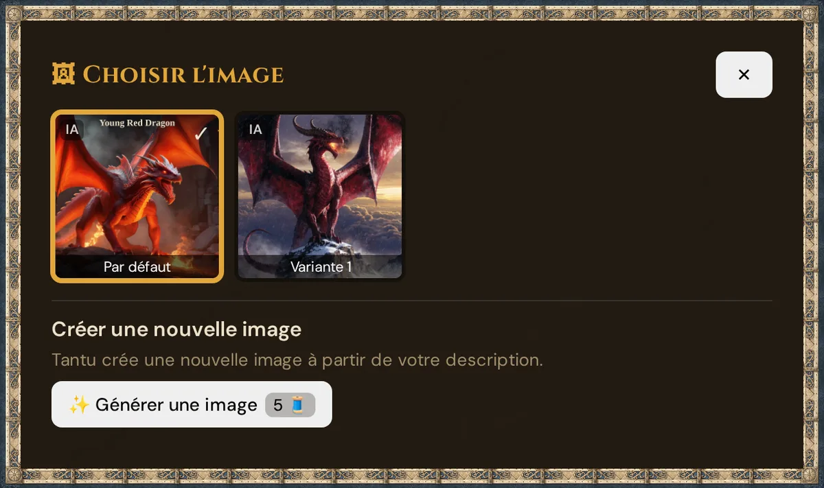 La fenêtre Choisir l'image avec l'image par défaut, une variante et Créer une nouvelle image