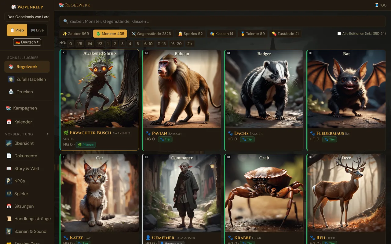 Das Regelwerk (SRD-Browser) im GM-Tool: Reiter Monster mit HG-Filter und dem Schalter Alle Editionen
