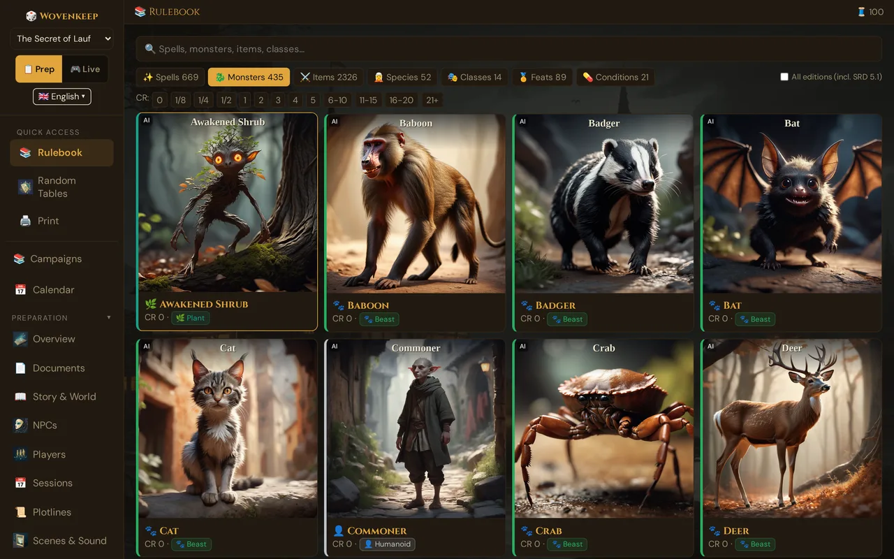The Rulebook (SRD browser) in the GM tool: Monsters tab with the CR filter and the All editions switch