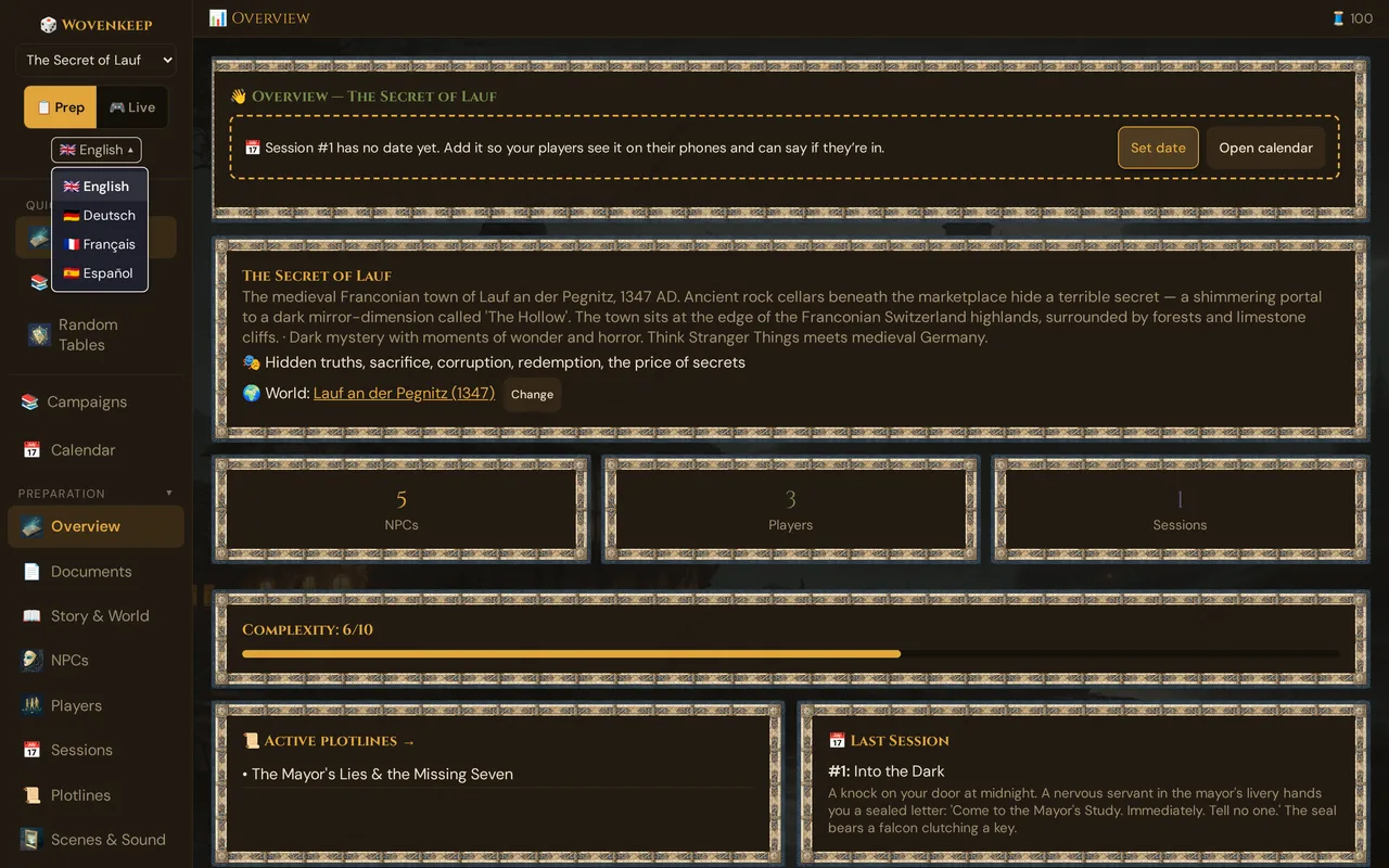 The open language menu at the top of the sidebar: English, Deutsch, Français, Español