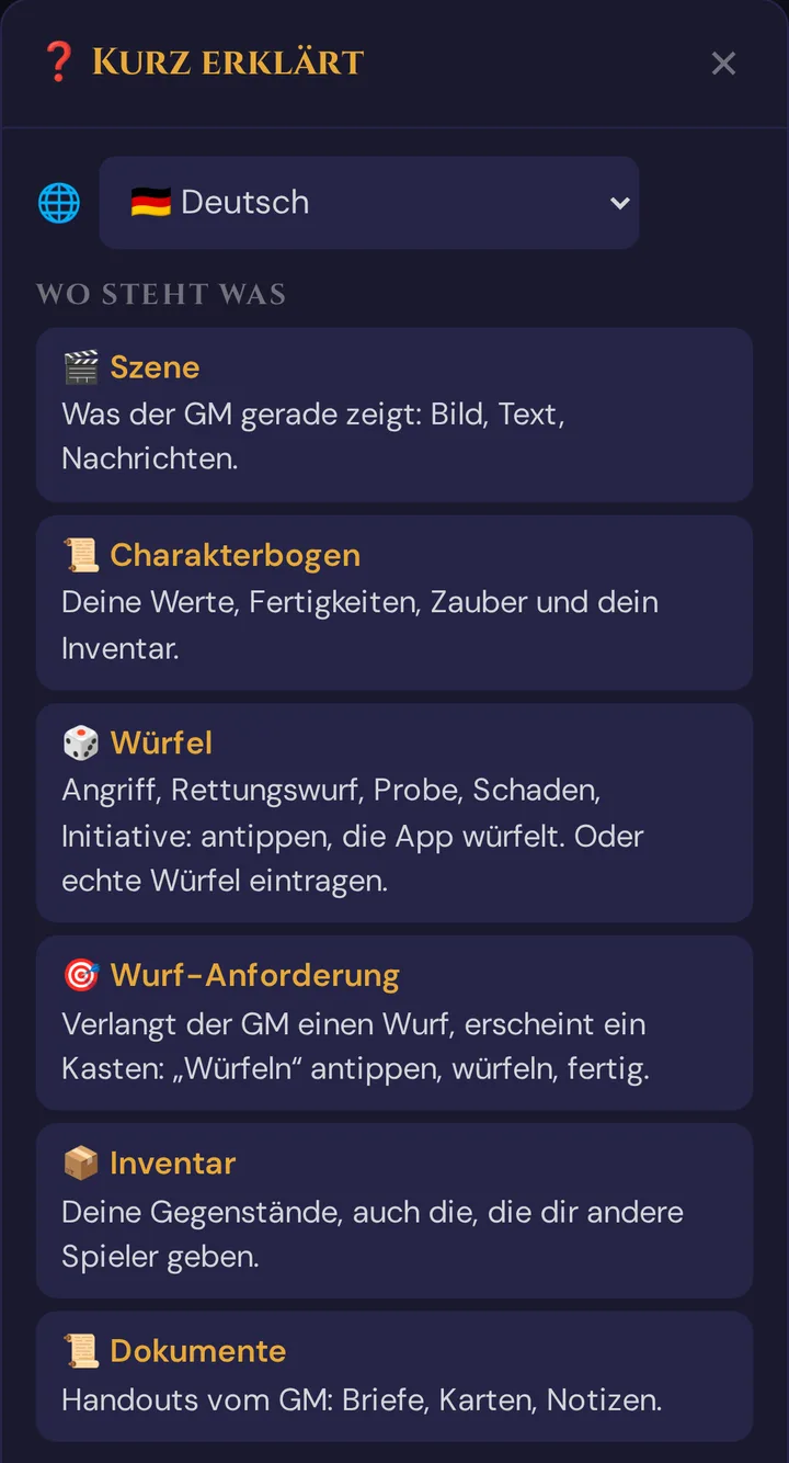 Die Kurzhilfe in der Spieleransicht mit der Sprachliste 🌐 ganz oben