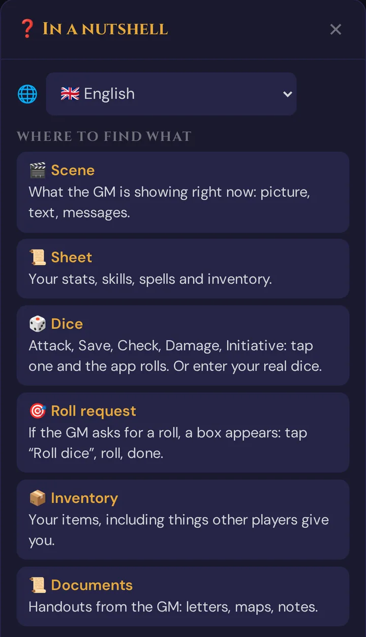 The quick help in the player view with the language list 🌐 at the top