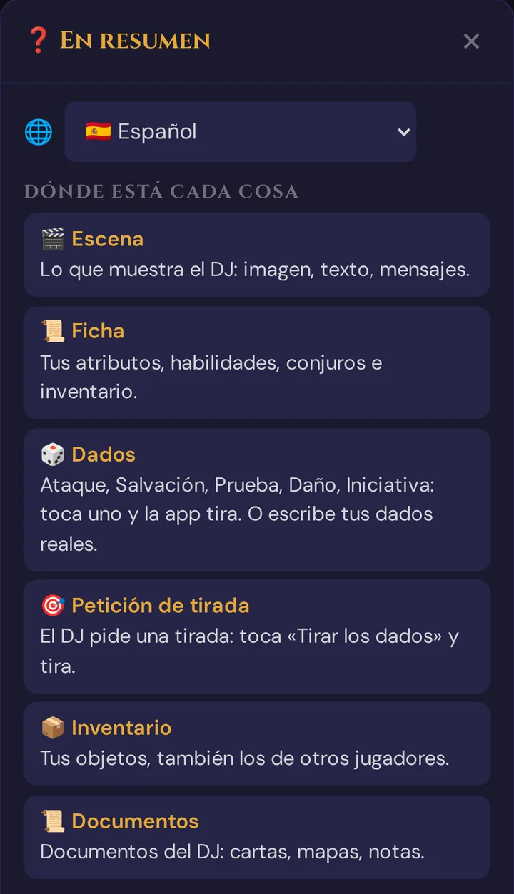 La ayuda rápida en la vista de jugador con la lista de idiomas 🌐 arriba