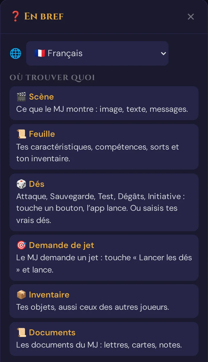 L'aide rapide dans la vue joueur avec la liste des langues 🌐 tout en haut