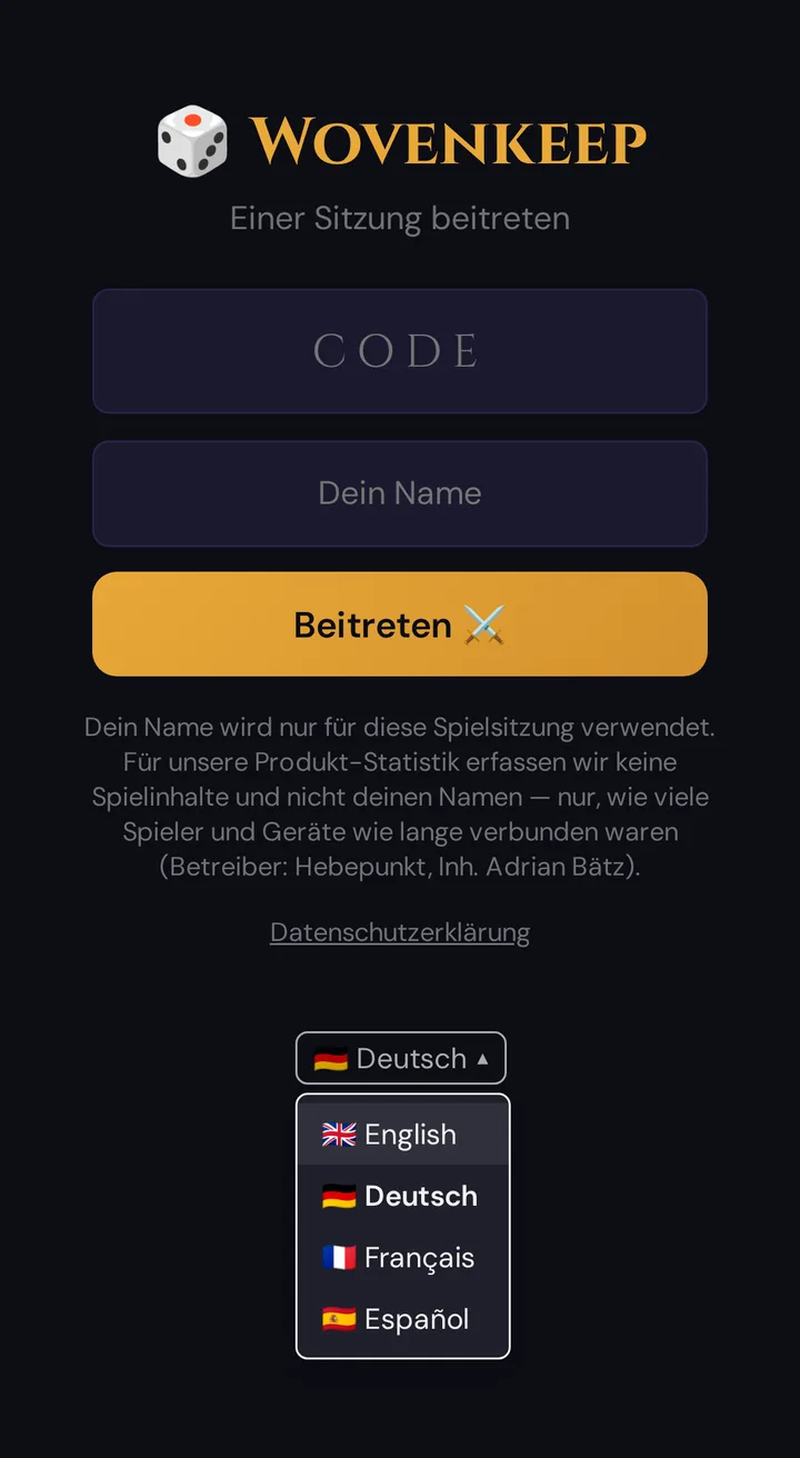 Der Beitrittsbildschirm auf dem Spielerhandy mit geöffnetem Sprachmenü