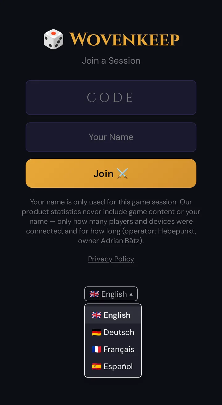 The join screen on a player's phone with the language menu open
