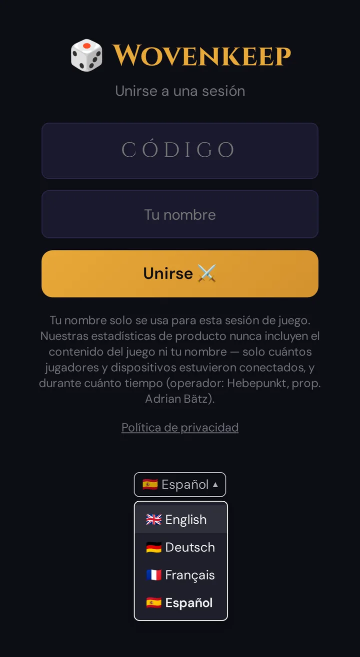 La pantalla para unirse en el móvil de un jugador, con el menú de idiomas abierto