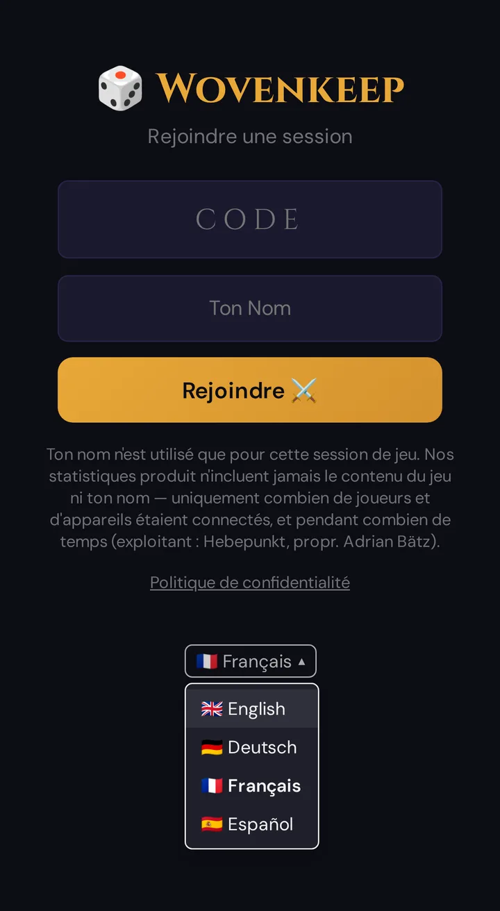 L'écran pour rejoindre sur le téléphone d'un joueur, avec le menu des langues ouvert