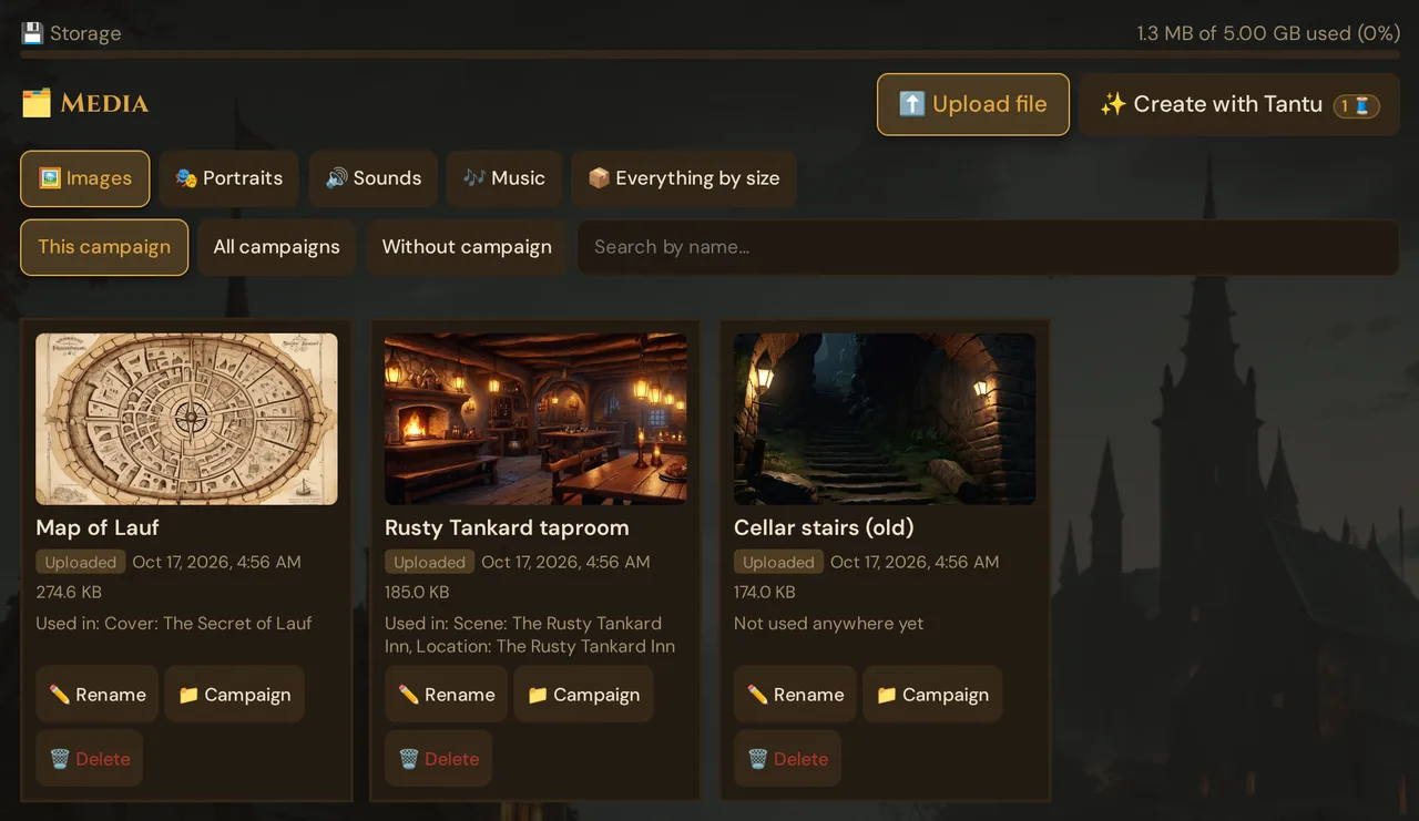 The Media page: storage bar, Upload file and Create with Tantu, the shelves, the campaign buttons, the search field and image cards