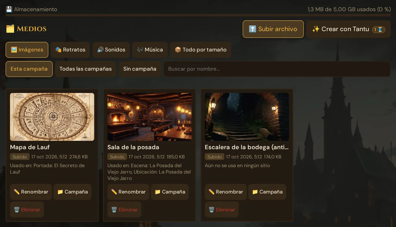La página Medios: barra de almacenamiento, Subir archivo y Crear con Tantu, los estantes, los botones de campaña, el campo de búsqueda y tarjetas de imagen