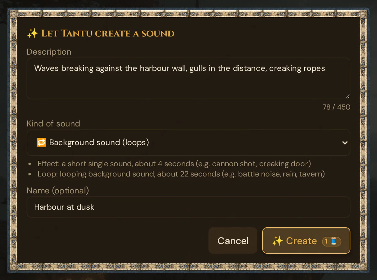 Let Tantu create a sound: description, kind of sound with the explanation of Effect and Loop, Name (optional), Cancel and Create with the cost badge of 1 Thread