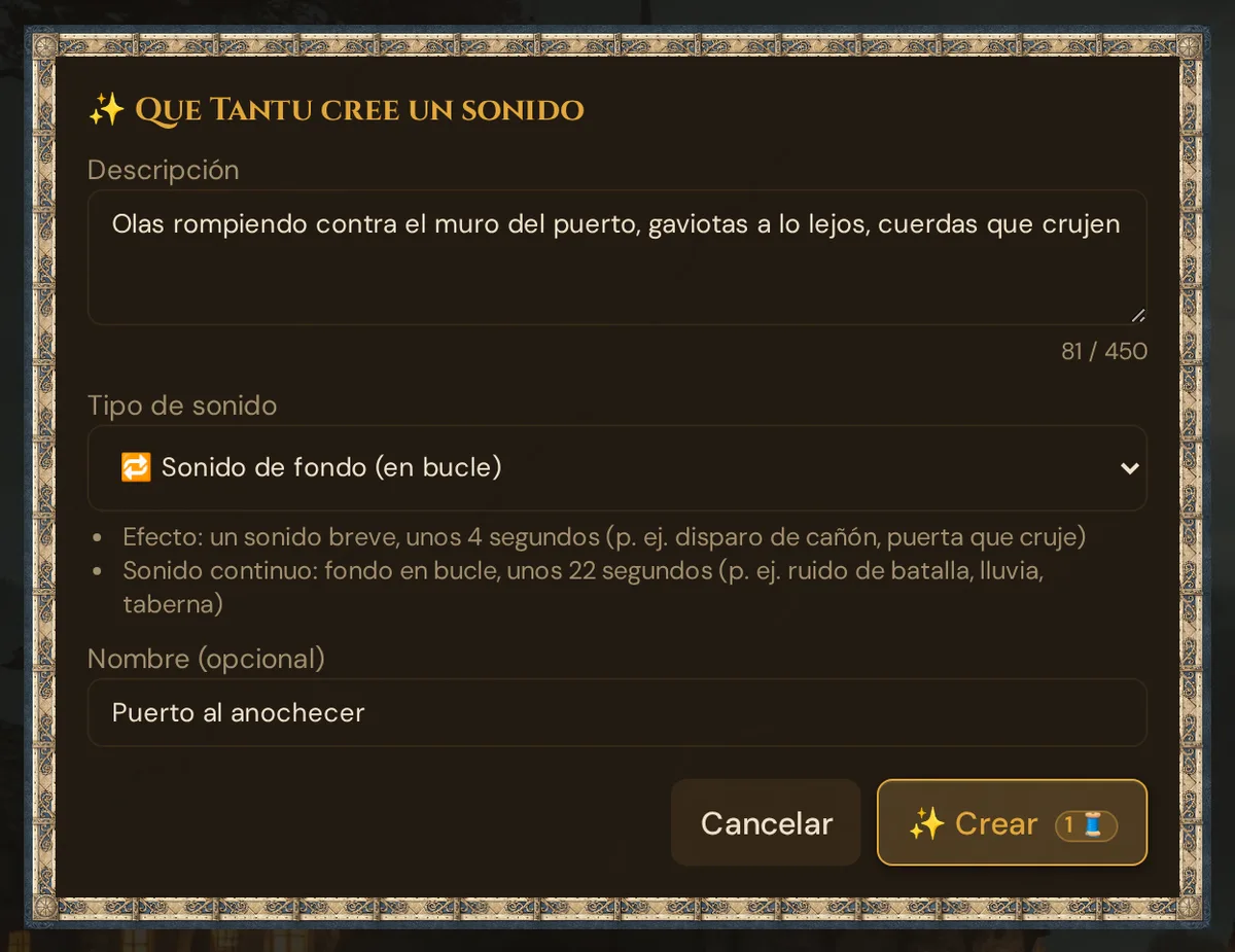 Que Tantu cree un sonido: descripción, tipo de sonido con la explicación de Efecto y Sonido continuo, Nombre (opcional), Cancelar y Crear con la insignia de coste de 1 Thread