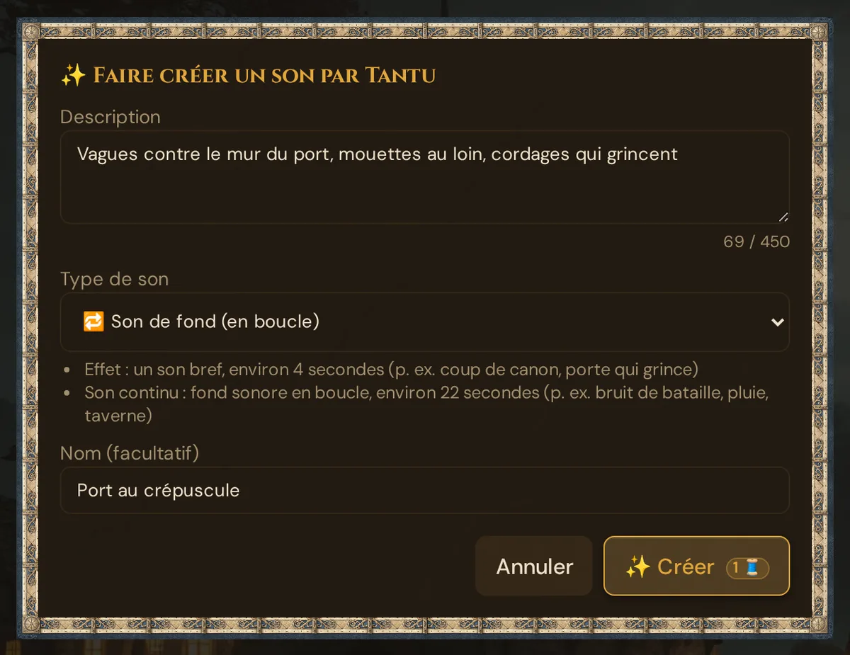 Faire créer un son par Tantu : description, type de son avec l'explication d'Effet et de Son continu, Nom (facultatif), Annuler et Créer avec le badge de coût de 1 Thread