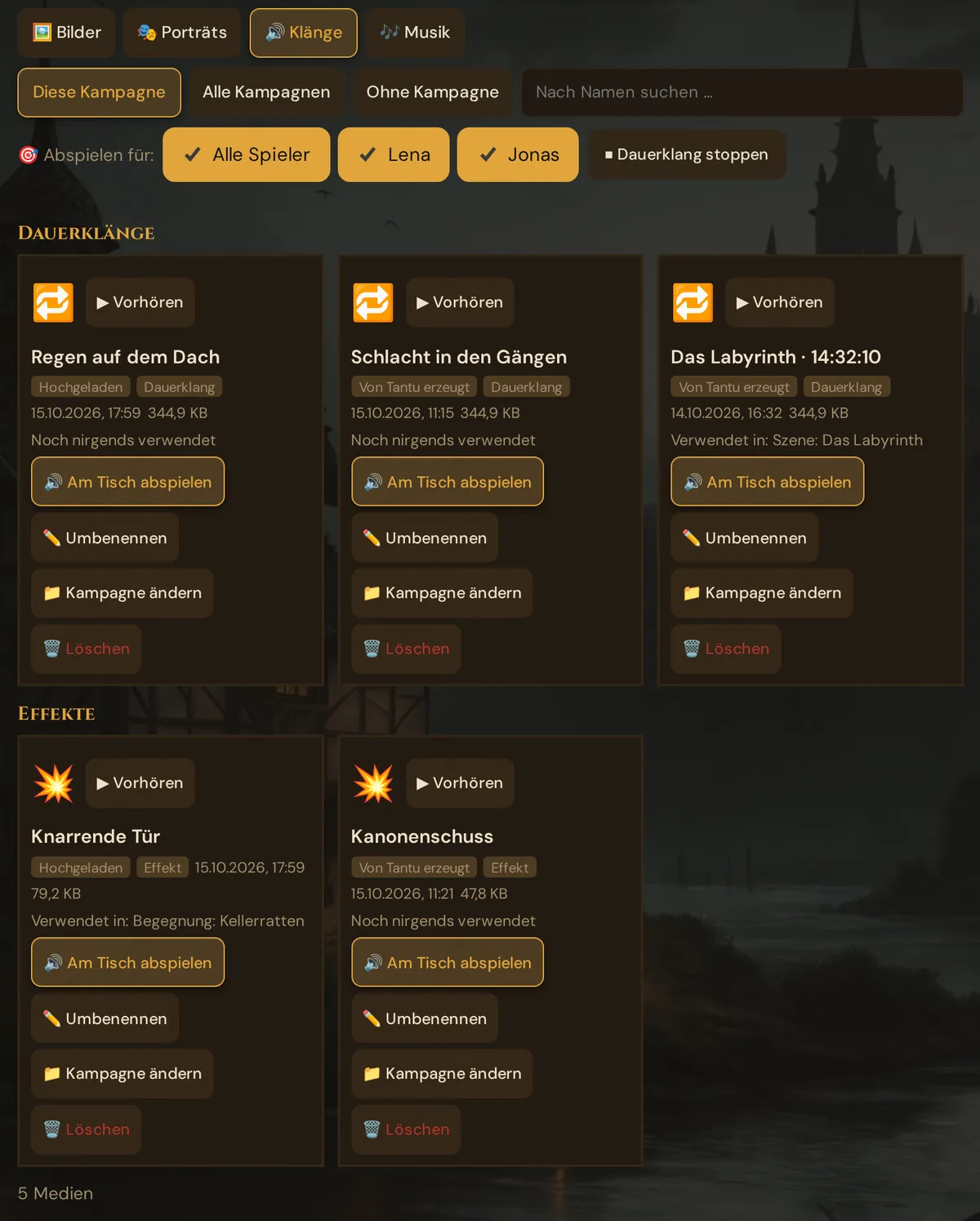 Das Regal Klänge während einer laufenden Session: Abspielen für mit Alle Spieler, Lena und Jonas, Dauerklang stoppen, die Gruppen Dauerklänge und Effekte und Karten mit Vorhören, Am Tisch abspielen, Umbenennen, Kampagne ändern und Löschen