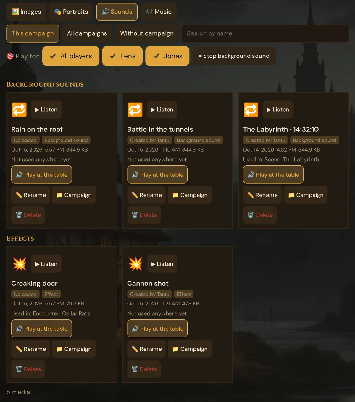 The Sounds shelf during a running session: Play for with All players, Lena and Jonas, Stop background sound, the groups Background sounds and Effects, and cards with Listen, Play at the table, Rename, Campaign and Delete