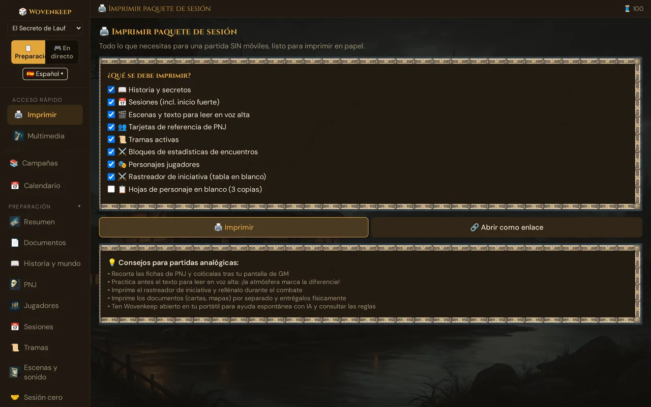 El panel Imprimir paquete de sesión: nueve secciones para marcar, Imprimir y Abrir como enlace, consejos para partidas analógicas