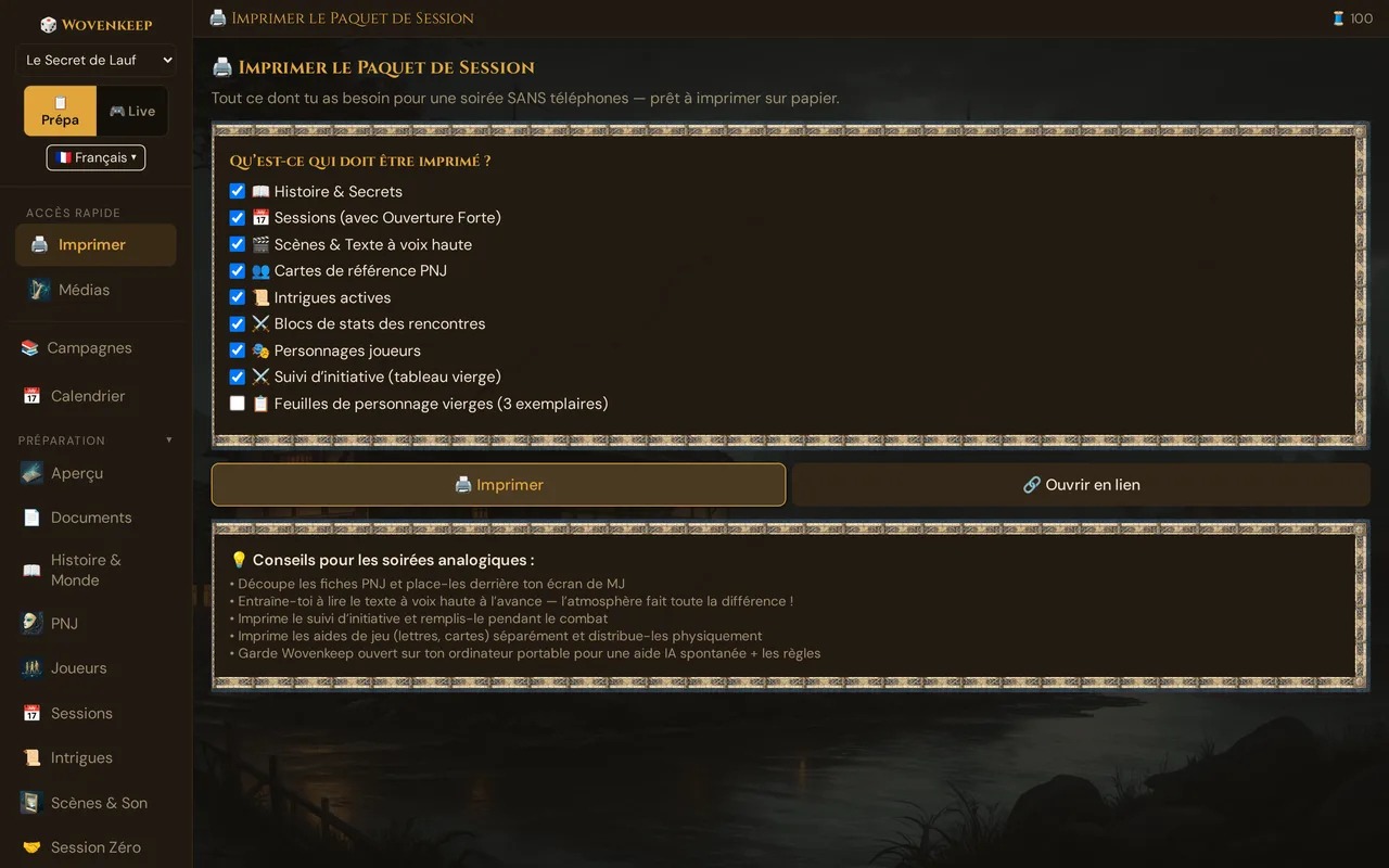 Le panneau Imprimer le Paquet de Session : neuf sections à cocher, Imprimer et Ouvrir en lien, conseils pour les soirées analogiques