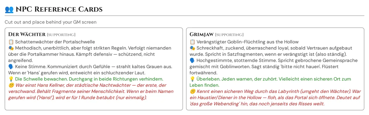 Gedruckte NPC-Referenzkarten mit Rolle, Persönlichkeit, Stimme, Ziel und Geheimnis