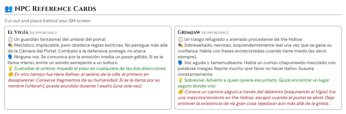 Tarjetas de referencia de PNJ impresas con rol, personalidad, voz, objetivo y secreto