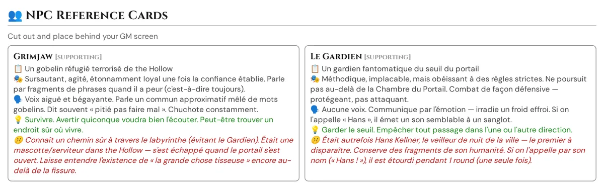 Cartes de référence PNJ imprimées avec rôle, personnalité, voix, objectif et secret