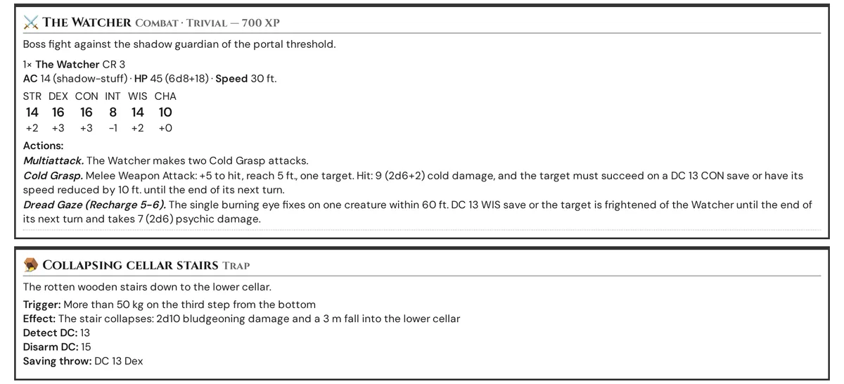 The print pack: the combat encounter The Watcher with its difficulty and XP and the stat block of the monster β AC, HP, speed, the six abilities with modifiers and the actions β and below it a trap with Trigger, Effect, Detect DC, Disarm DC and Saving throw