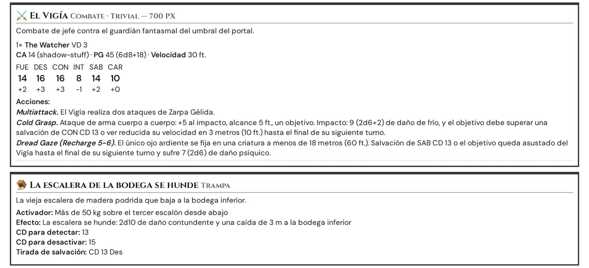 El paquete de impresión: el encuentro de combate El Vigía con su dificultad y sus PX y el bloque de estadísticas del monstruo — CA, PG, velocidad, las seis características con modificadores y las acciones — y debajo una trampa con Activador, Efecto, CD para detectar, CD para desactivar y Tirada de salvación