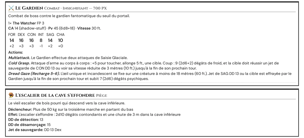Le paquet d'impression : la rencontre de combat Le Gardien avec sa difficulté et ses PX et le bloc de statistiques du monstre — CA, Pv, vitesse, les six caractéristiques avec leurs modificateurs et les actions — et en dessous un piège avec Déclencheur, Effet, DD de détection, DD de désamorçage et Jet de sauvegarde