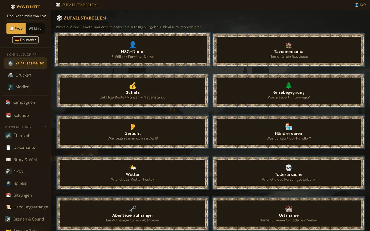 Die Zufallstabellen: zehn Karten wie NPC-Name, Tavernenname, Schatz und Gerücht