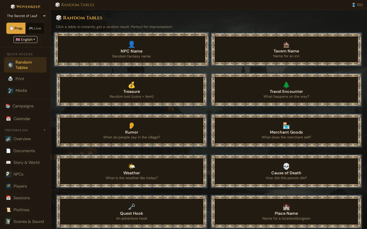 The Random Tables: ten cards such as NPC Name, Tavern Name, Treasure and Rumor