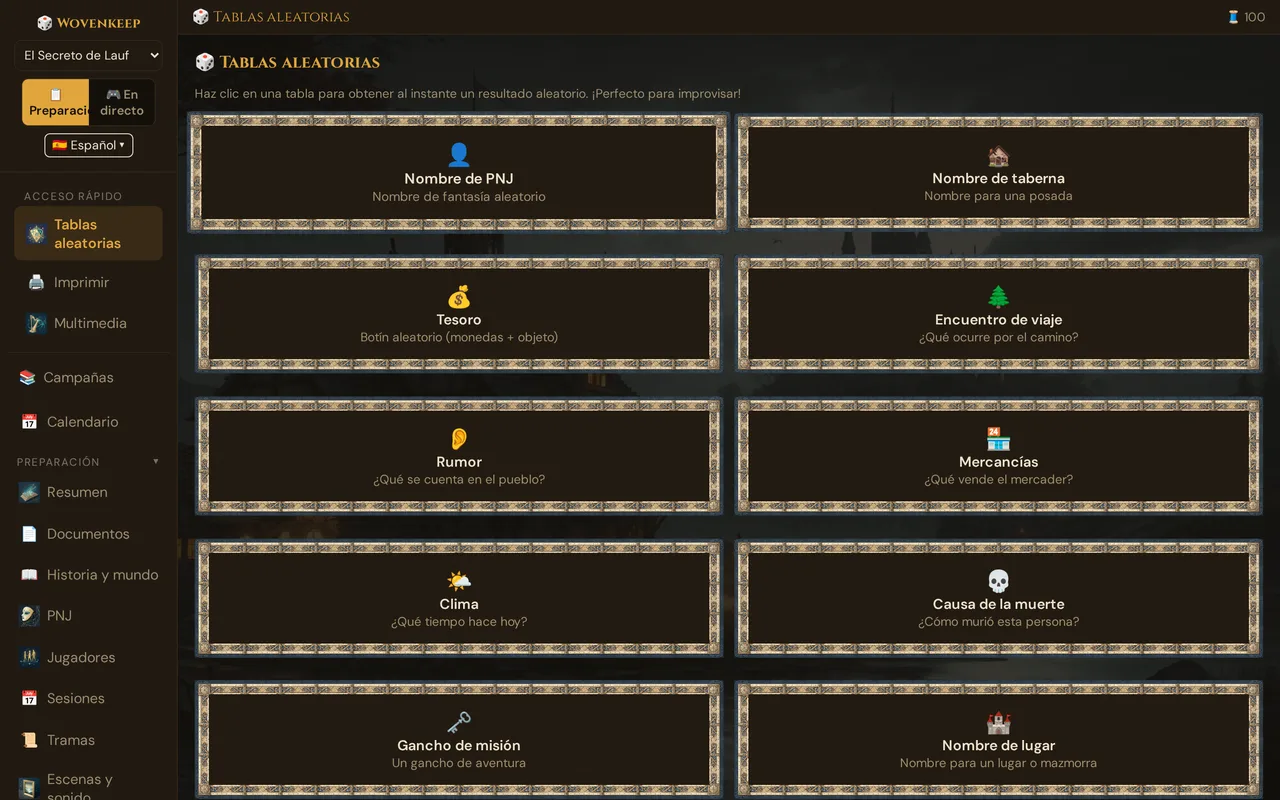 Las Tablas aleatorias: diez tarjetas como Nombre de PNJ, Nombre de taberna, Tesoro y Rumor