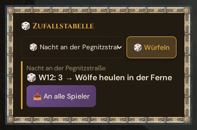 Die Karte 🎲 Zufallstabelle in Live: die Tabelle Nacht an der Pegnitzstraße gewählt, der Knopf Würfeln und das Ergebnis W12: 3 → Wölfe heulen in der Ferne mit dem Knopf An alle Spieler